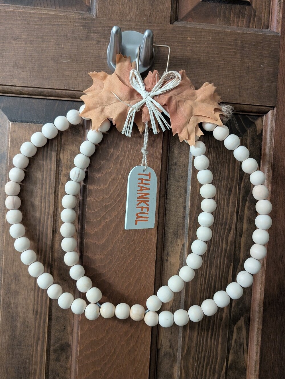 Neutral White Beaded Hoop Wreath with Thankful Tag